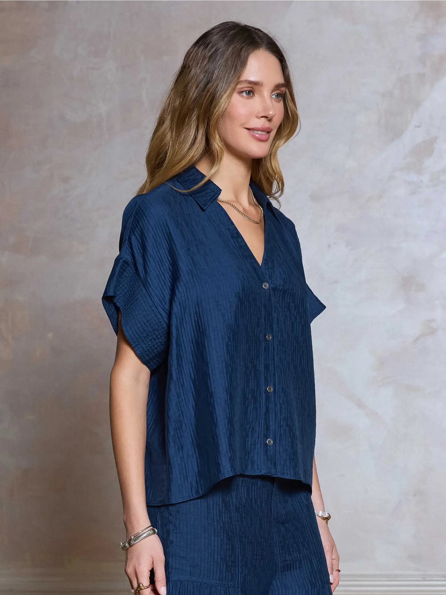Blue Textured Button Front Short Sleeve Blouse