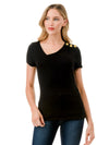 Asymmetric Neckline Black Tee with Gold Shoulder Buttons