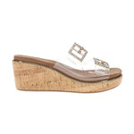 Clear Strap Wedge Sandals with Rhinestone Buckles - Cork Heel