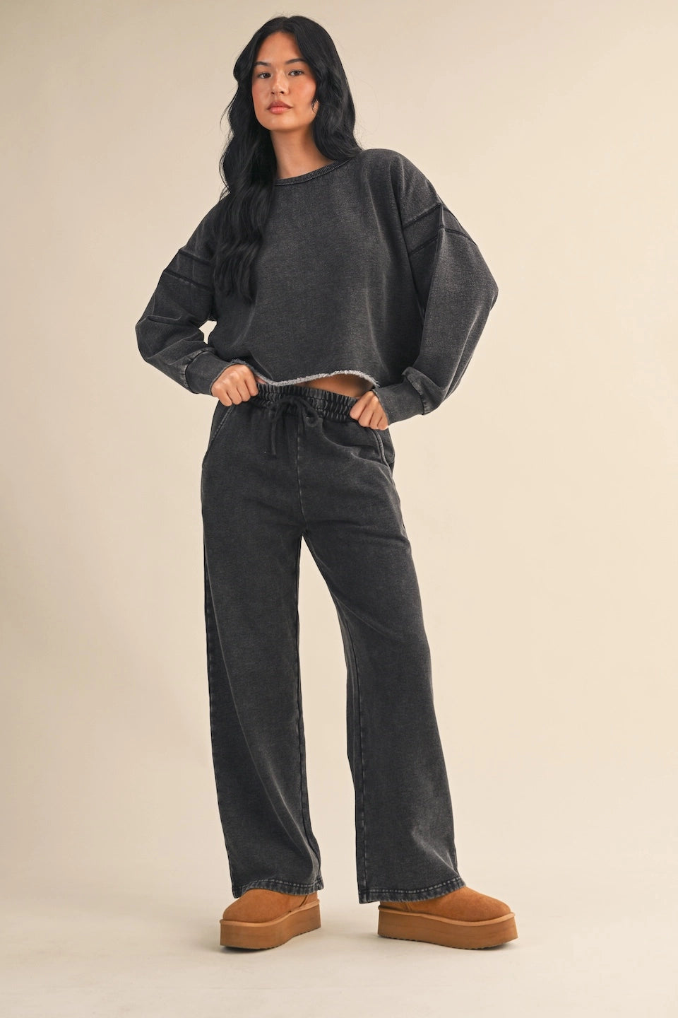 Vintage Wash Open Back Sweatshirt - Charcoal Relaxed Fit Pullover