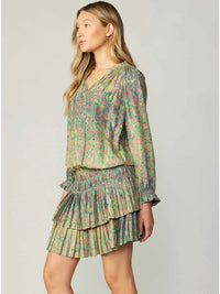 Floral Print Pleated Tiered Mini Dress with Smocked Waist