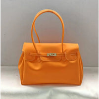 Bright Structured Top Handle Satchel with Gold Turn Lock Closure