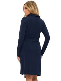Navy Blue Long Sleeve Collared Wrap Dress with Side Tie Detail