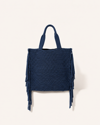 Navy Woven Tote Bag with Fringe Detail