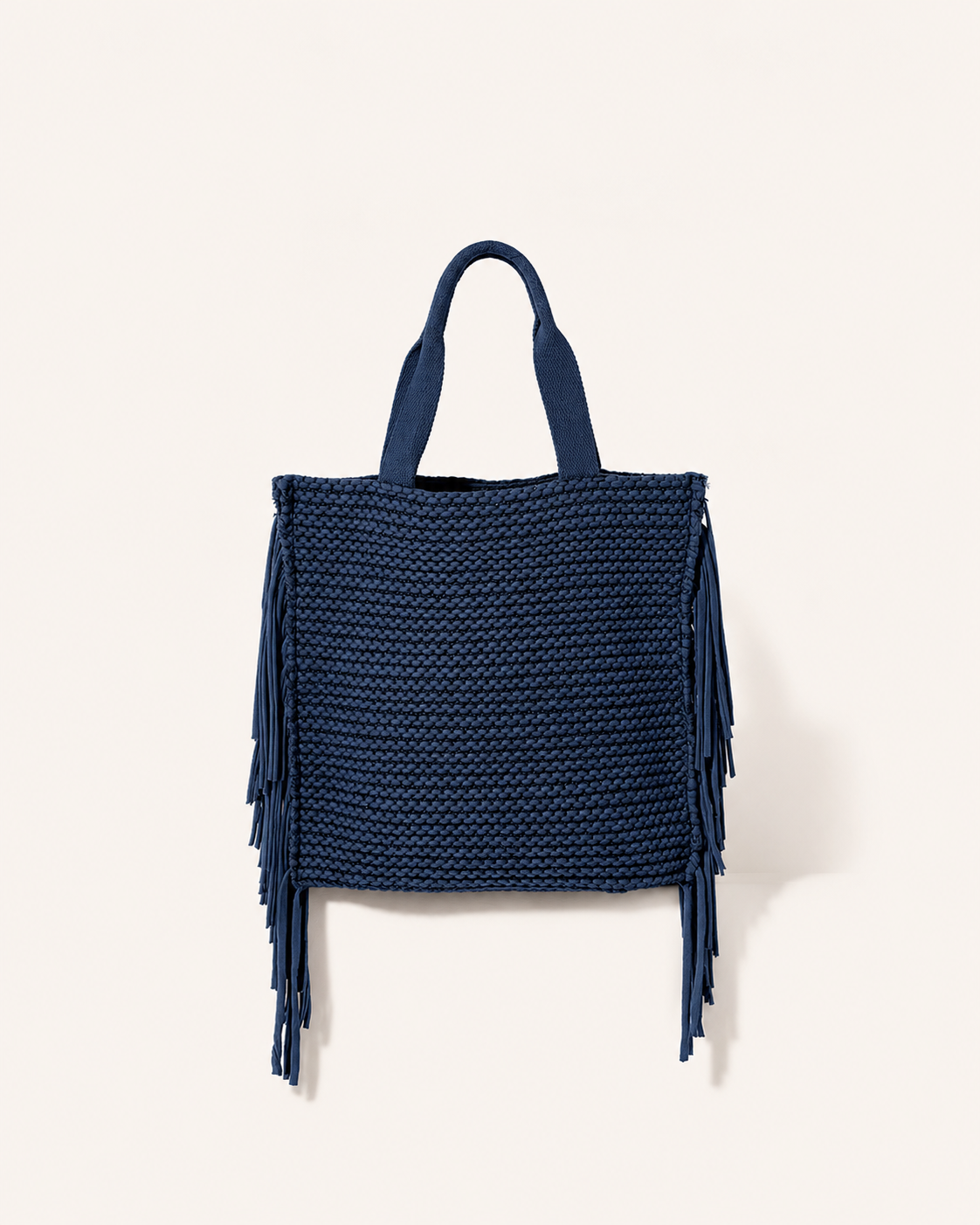 Navy Woven Tote Bag with Fringe Detail