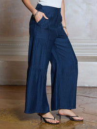 Blue Textured Wide Leg Tiered Pants