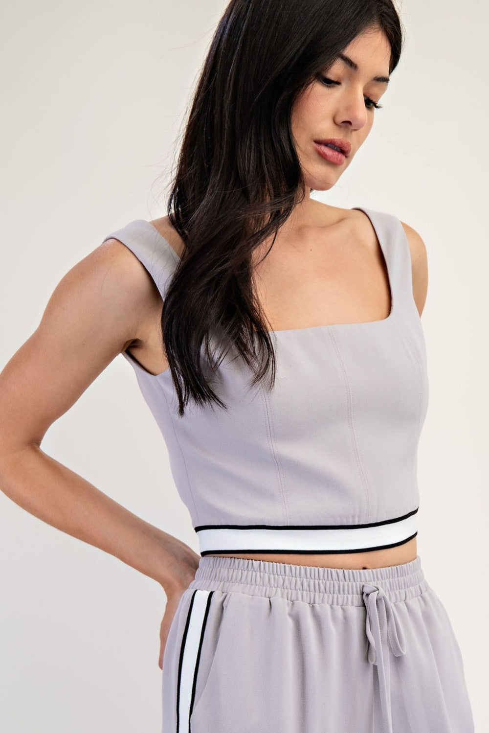 Square Neck Zip-Back Cropped Tank -Gray