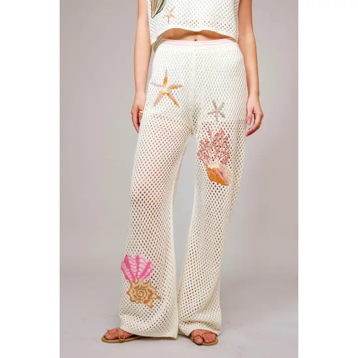 White Crochet Beach Pants with Seashell Embroidery