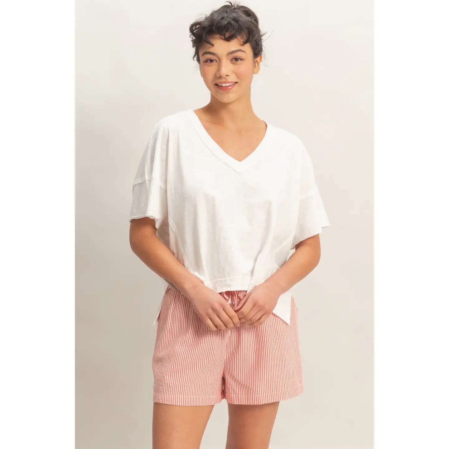 White Green Oversized V-Neck Raw Edge Tee