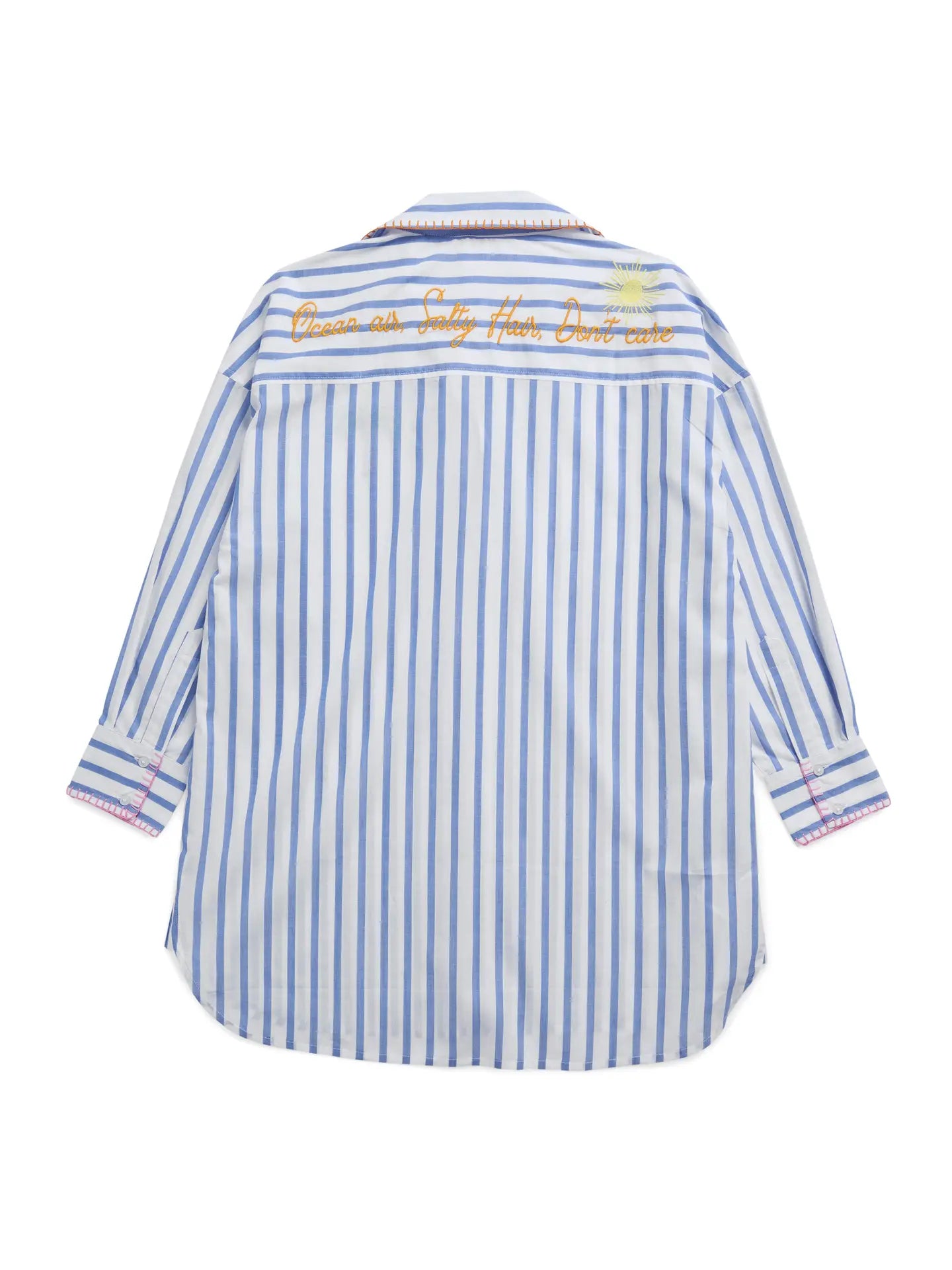 Blue & White Striped Beach Embroidered Oversized Button-Down Shirt Cover-Up