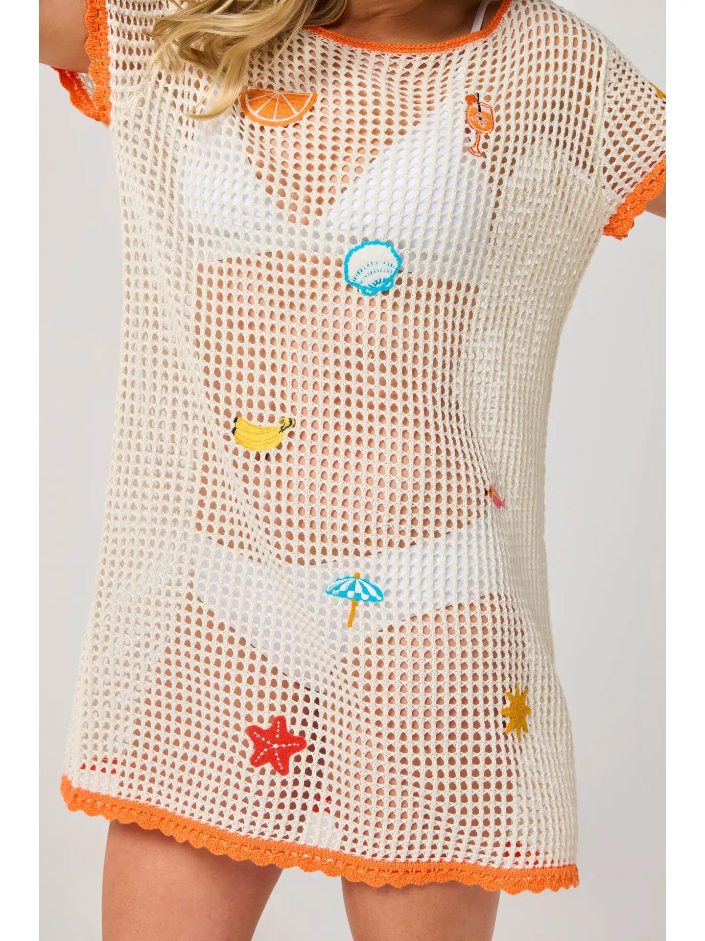 White Crochet Mesh Beach Cover Up with Orange Trim