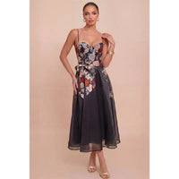 Floral Bustier Organza Midi Dress with Waist Tie
