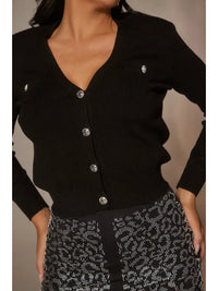 Black Button-Up Knit Cardigan with Crystal Accent Buttons