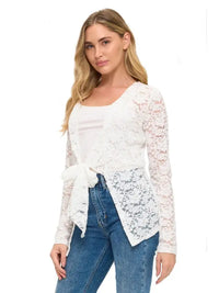 White Lace Tie Front Long Sleeve Top