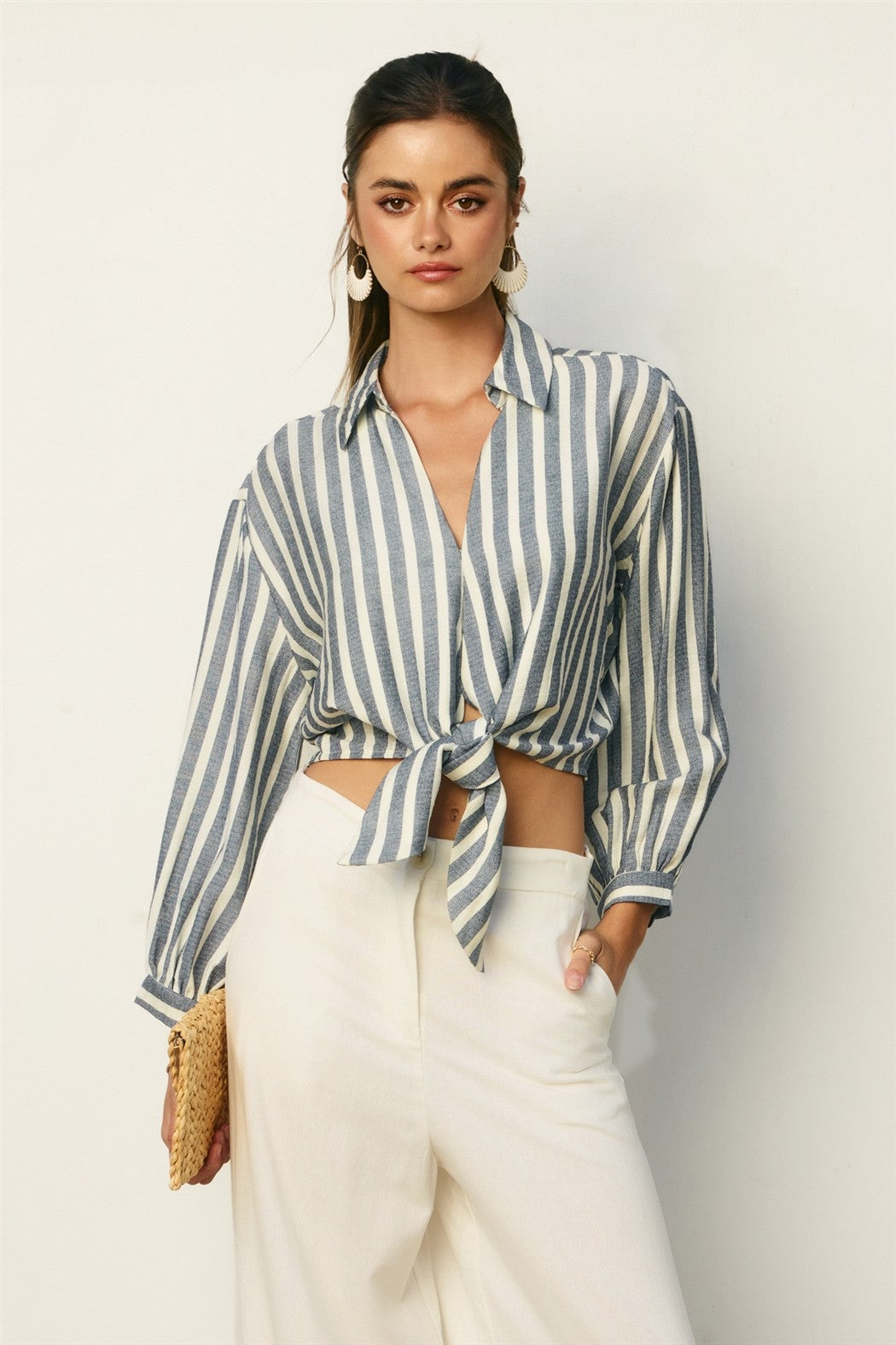 Striped Button-Up Tie Front Shirt with Balloon Sleeves