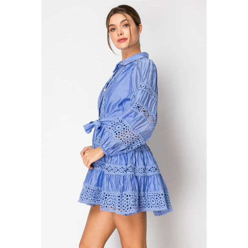 Long Sleeve Crochet Detail Lace Hem Mini Dress