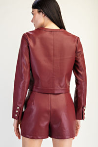 Red Vegan Leather Gold Button Jacket