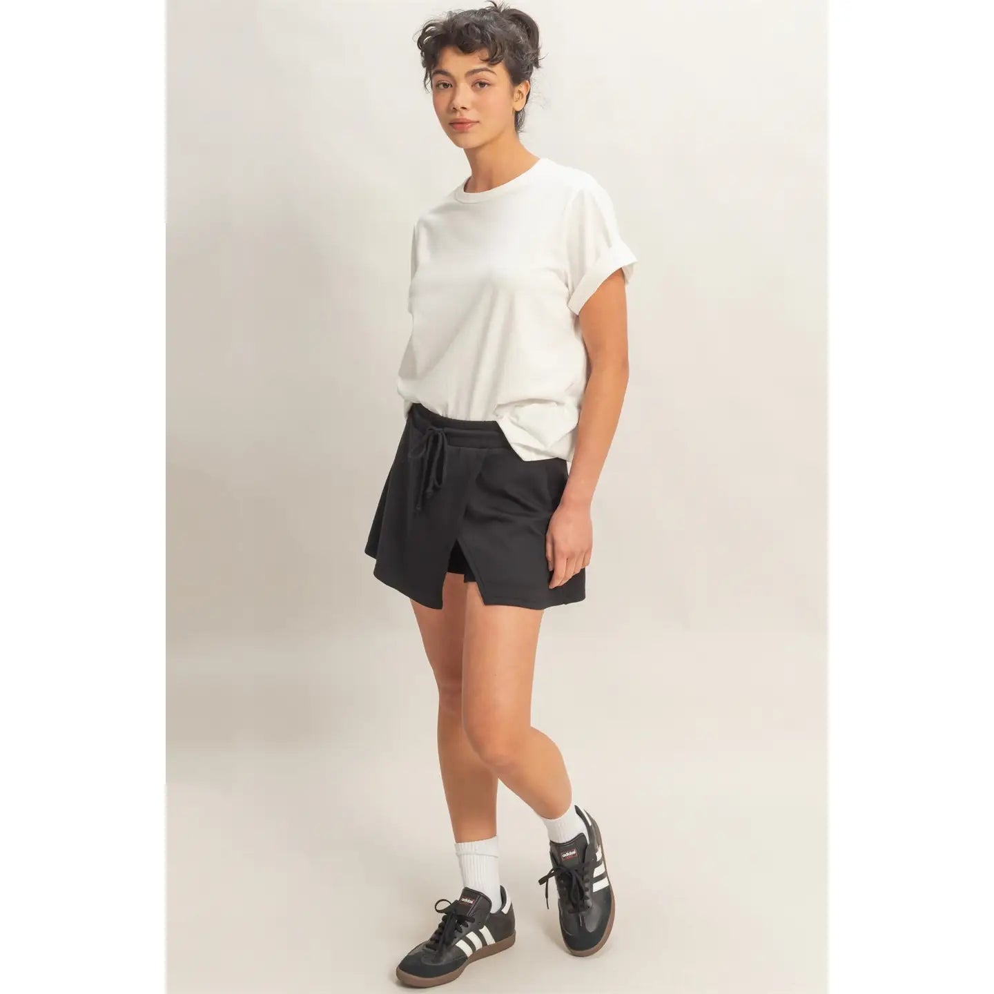 Black Lounge Skort with Drawstring Waist and Side Slit