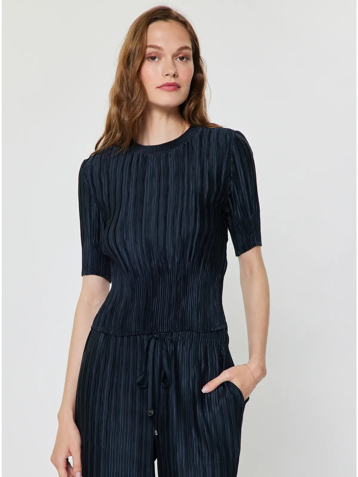 Pleated Textured Short Sleeve Knit Top Navy