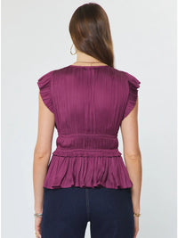 Berry Purple Pleated Flutter Sleeve Blouse with Drawstring Waist
