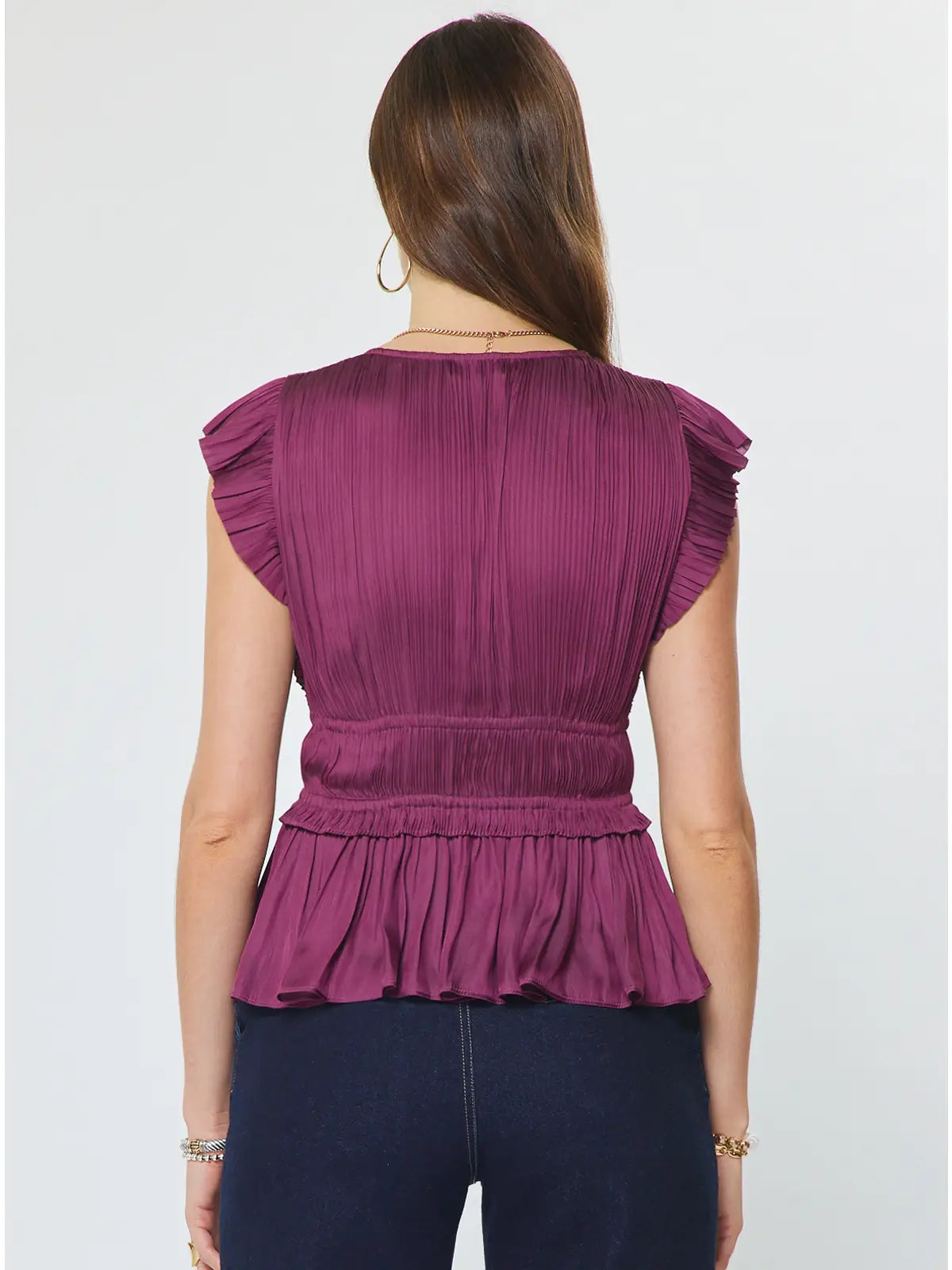 Berry Purple Pleated Flutter Sleeve Blouse with Drawstring Waist