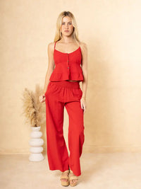 Red Wide-Leg Pants with Smocked Waist