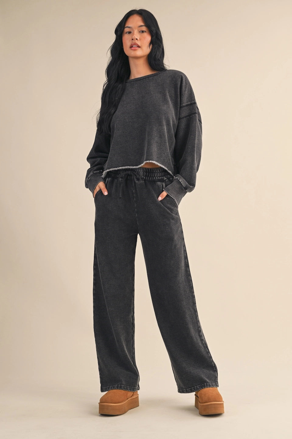 Vintage Wash Open Back Sweatshirt - Charcoal Relaxed Fit Pullover