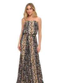 Beige Animal Print Strapless Wide Leg Jumpsuit with Belt