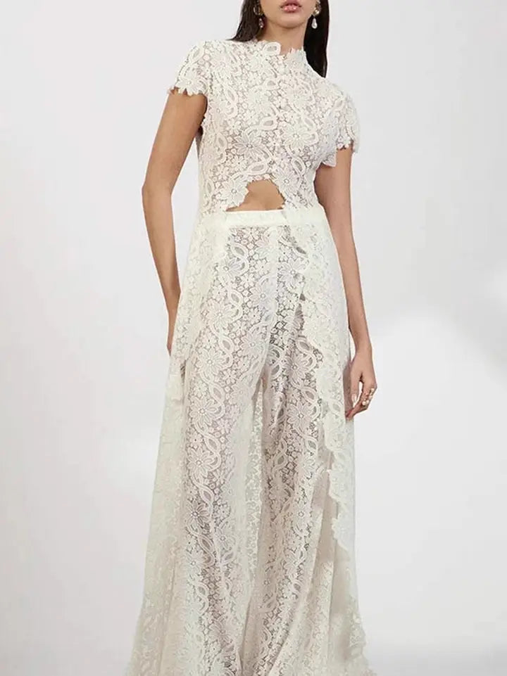 White Lace Crop Top and Maxi Skirt Set