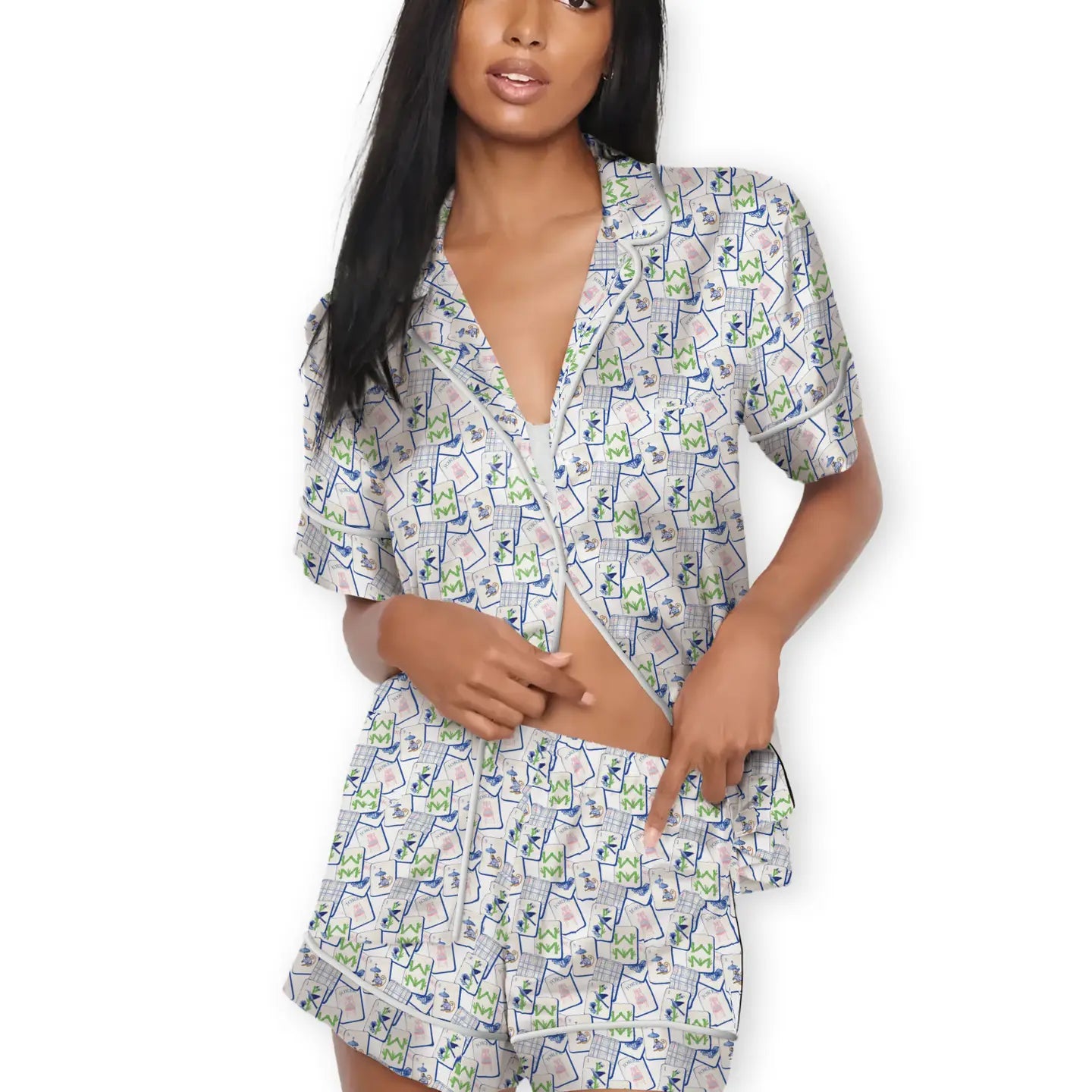 Printed Mah-jongg Pajama Set with Button-Up Short Sleeve Top