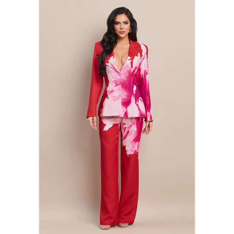 Bold Red Floral Blazer and Pant Set with Deep V-Neckline