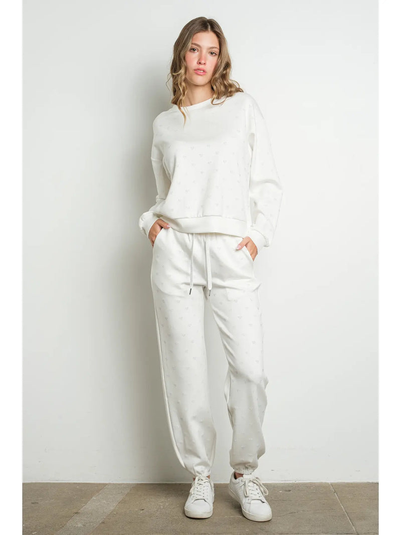 Rhinestone Heart Print white Jogger Sweatpants