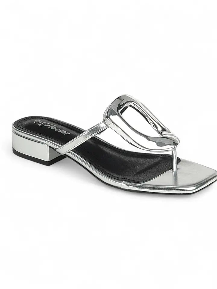 Silver Metallic Sculptural Thong Low Heel Sandals