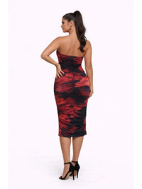Ruched Strapless Red Print Bodycon Midi Dress
