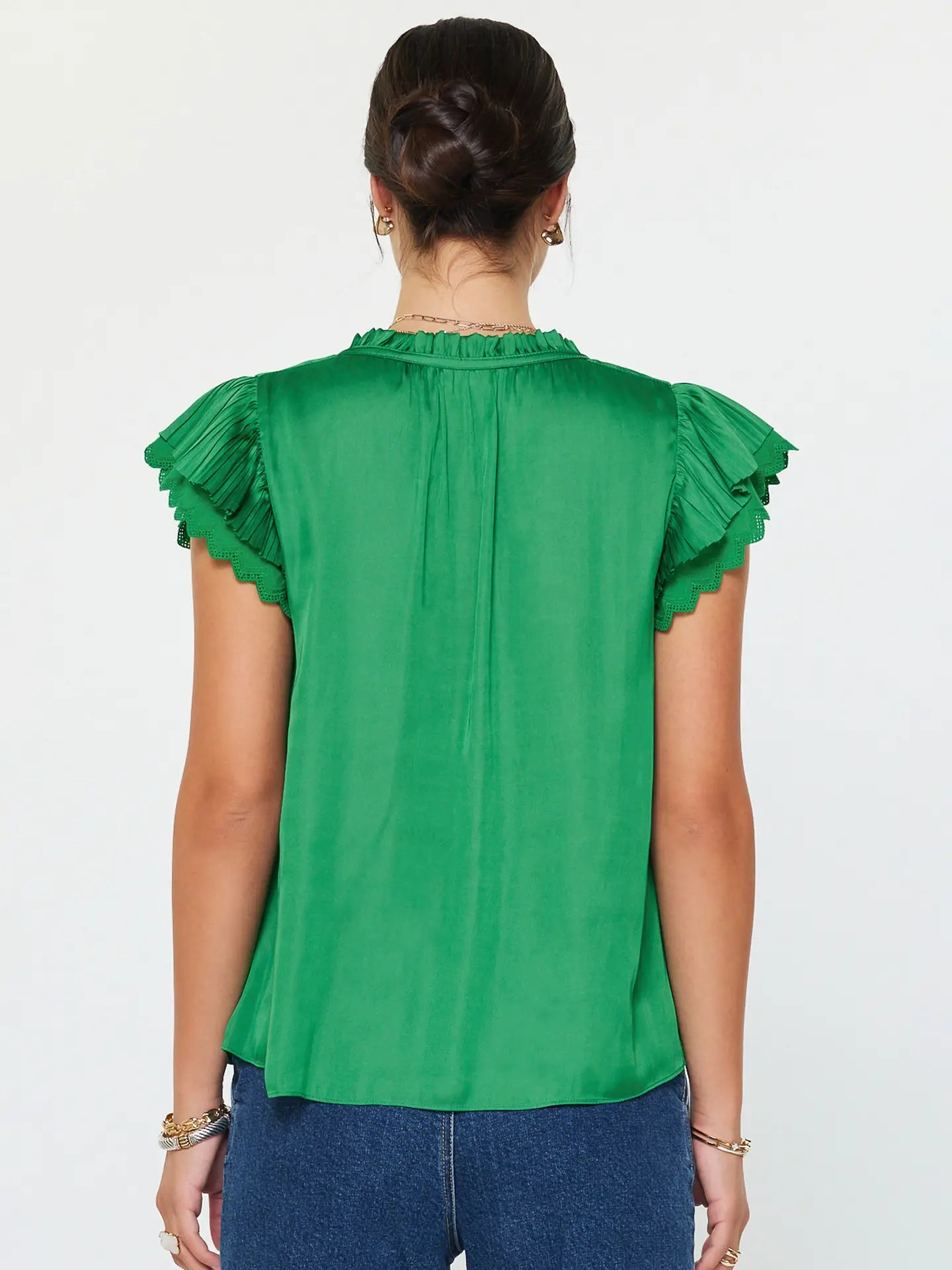 Emerald Green Ruffle Sleeve V-Neck Blouse