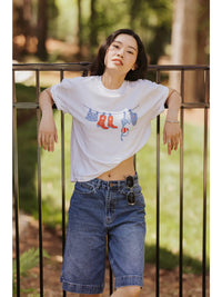 White Graphic Cropped T-Shirt with Western Boots Print
