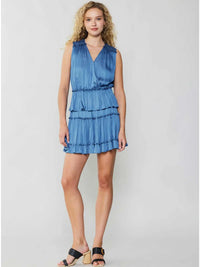 Blue Sleeveless Tiered Mini Dress with Ruffle Trim