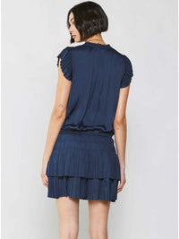 Navy Satin Ruffle Sleeve Tiered Mini Dress with Smocked Waist