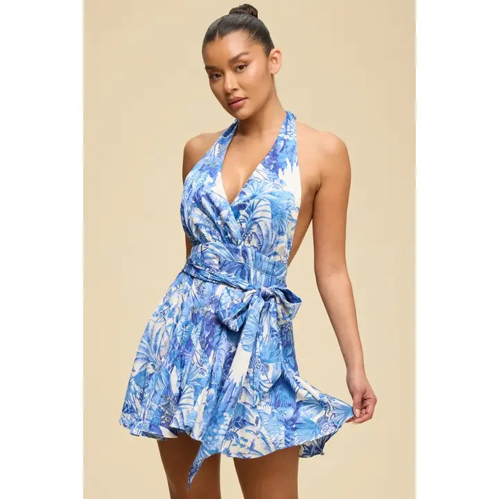 Blue Tropical Print Halter Wrap Mini Dress