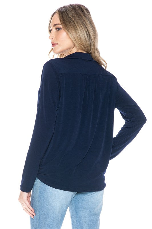 Navy Long Sleeve Surplice Blouse – Soft Draped V-Neck Collared Top