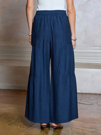 Blue Textured Wide Leg Tiered Pants