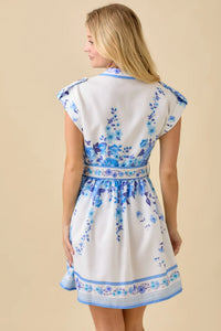 Blue Floral Belted Button-Front Mini Dress
