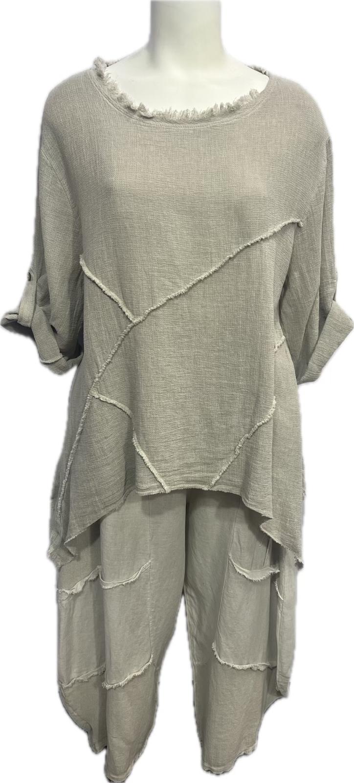 Asymmetrical Mesh-Detail Linen 2 Piece Set