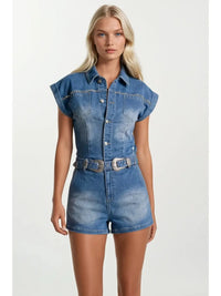 Floral Embroidered Studded Belted Denim Romper