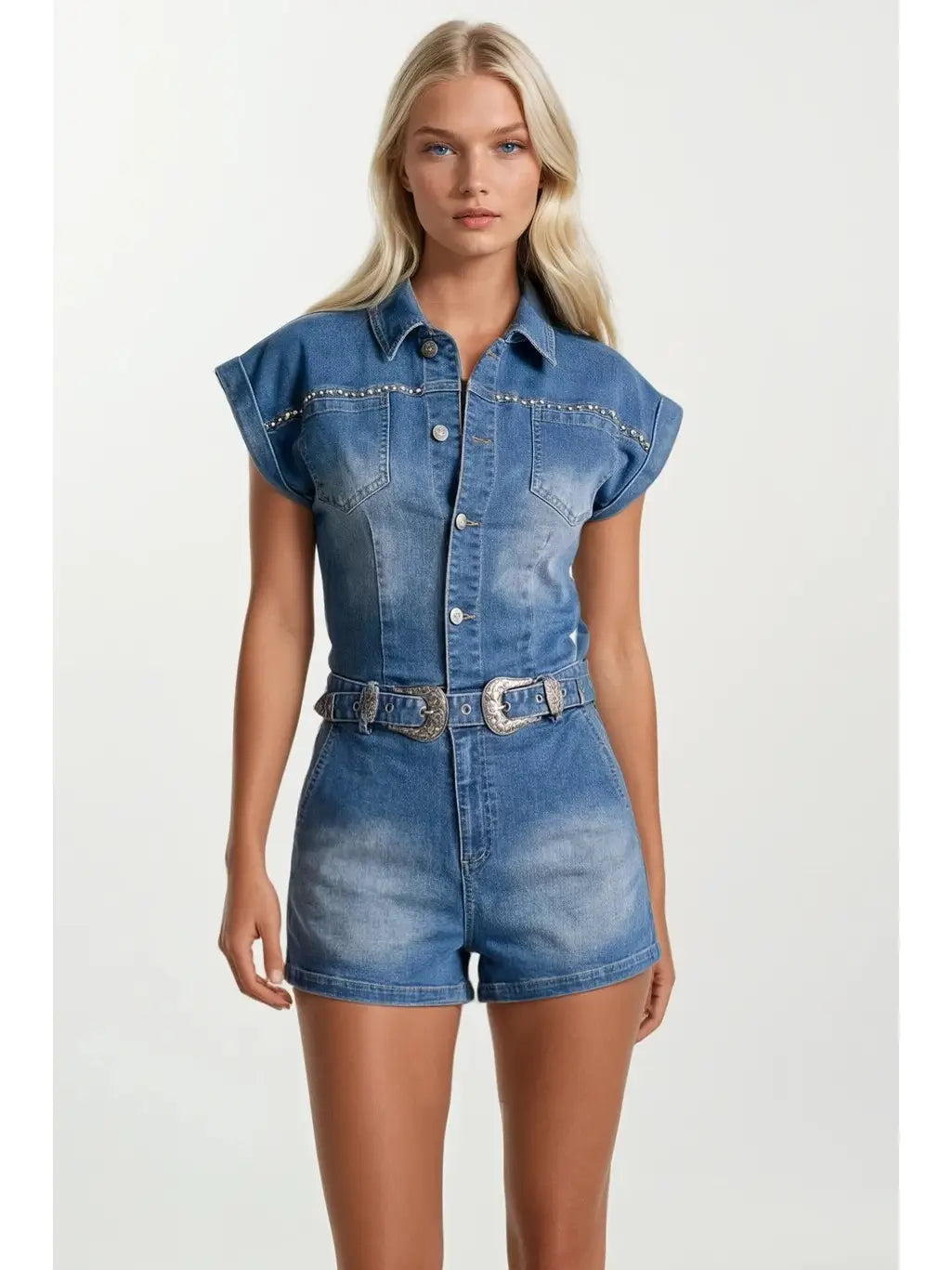 Floral Embroidered Studded Belted Denim Romper