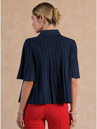 Blue Pleated Button Front Short Sleeve Collared Blouse