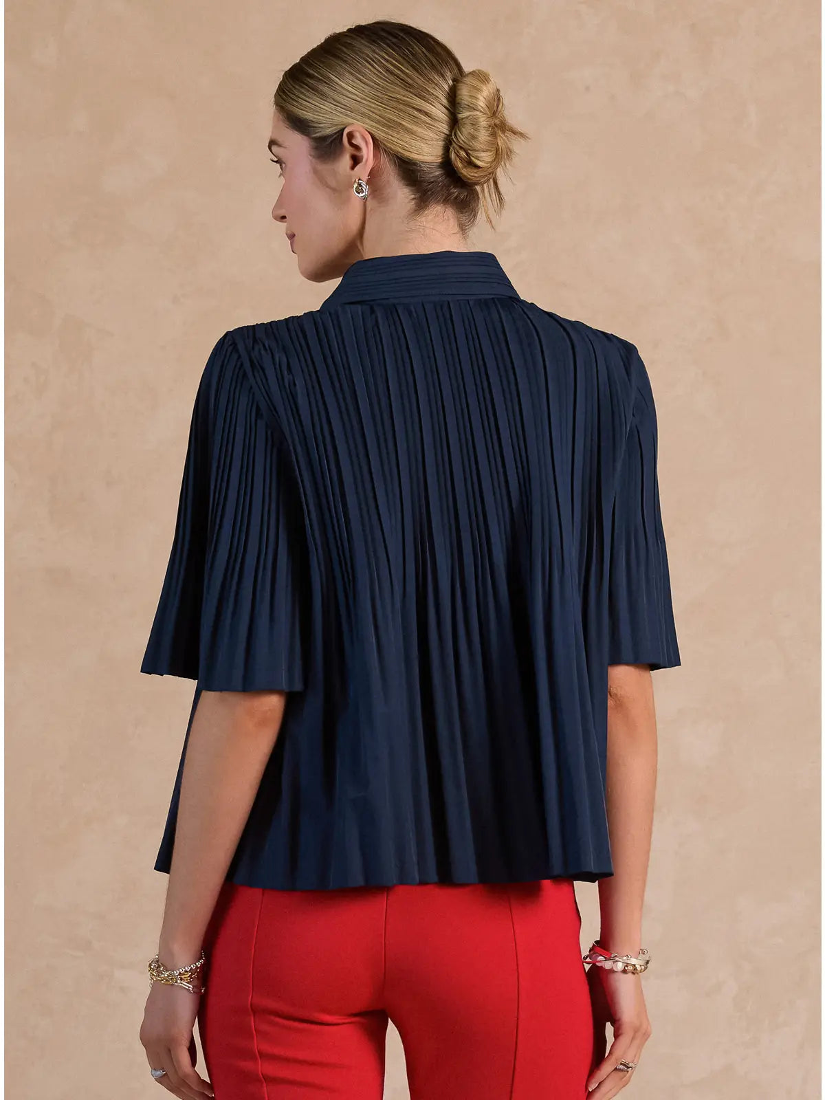 Blue Pleated Button Front Short Sleeve Collared Blouse