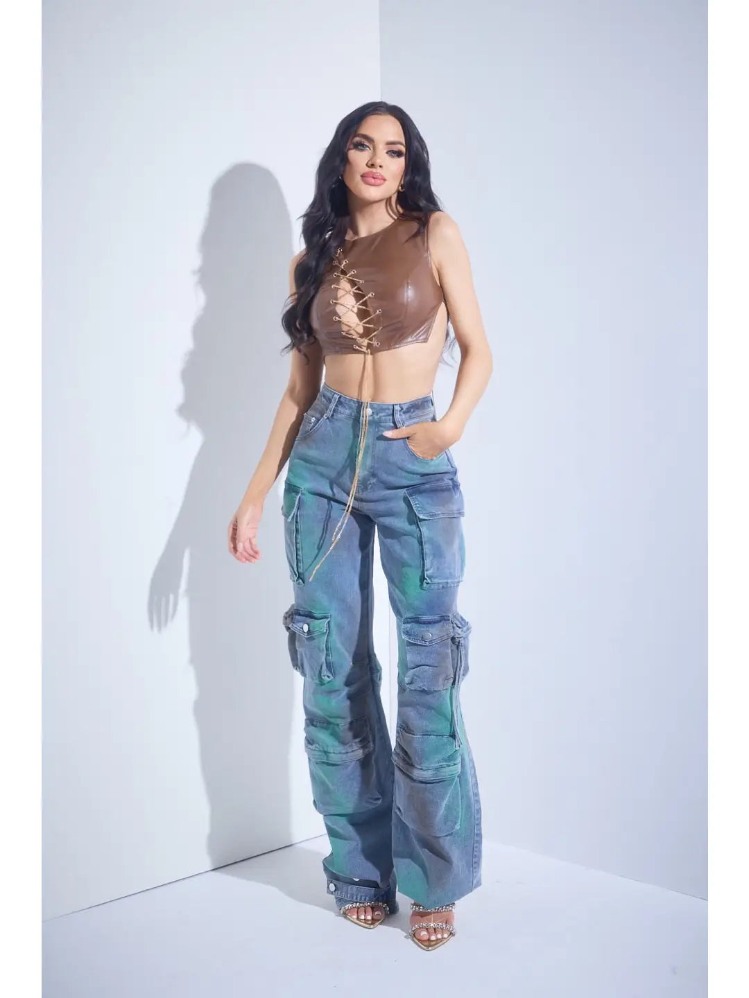 Distressed Cargo Flare Jeans with Side Pockets