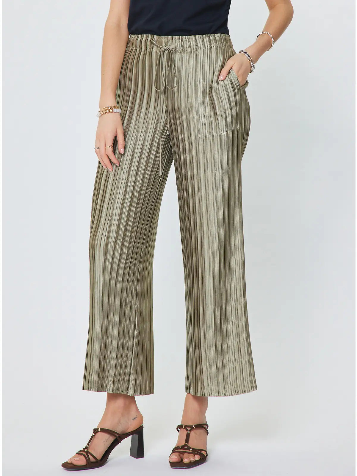 Pleated Wide Leg Drawstring Pants Olive Green