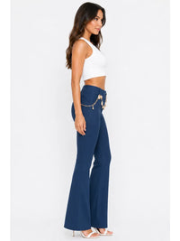 High Waist Blue Flare Pants with Gold Chain Detail